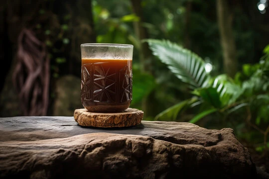 Ayahuasca brew in a transparent glas, jungle in the background