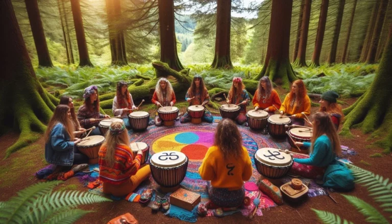 Women sitting with drums in a circle in the forest