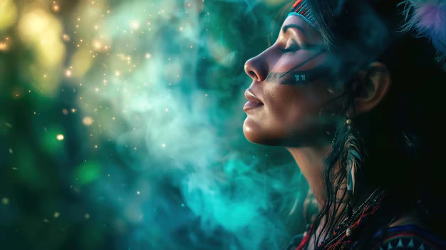 Indian woman with closed eyes from the left side, smoke and colours in the background